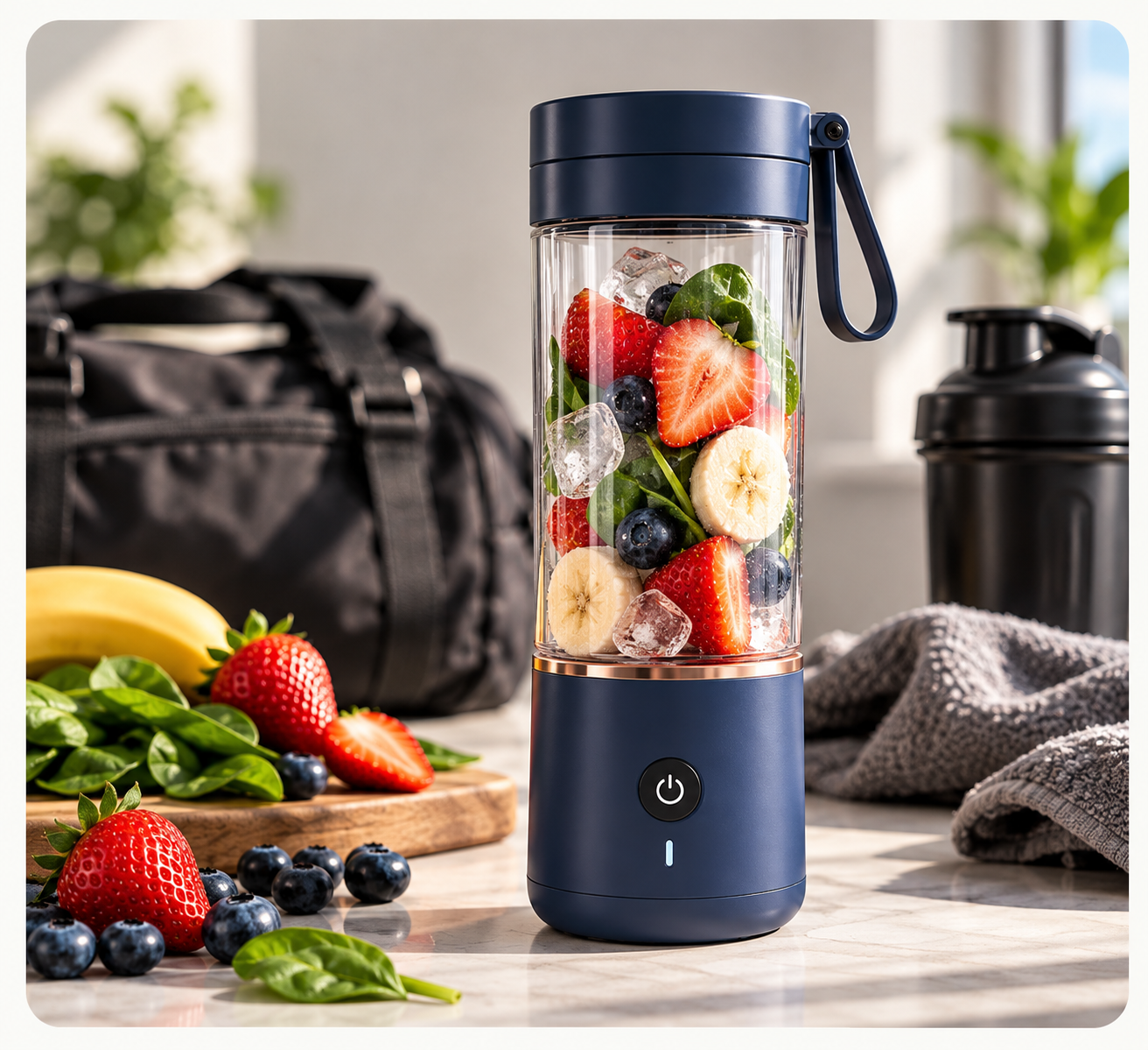 BlendGo portable blender with fresh fruit in a bright everyday setting